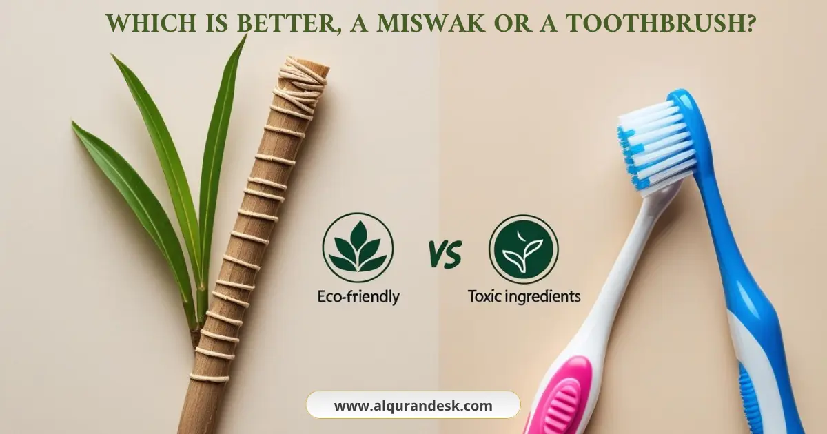 Side-by-side comparison of a traditional miswak stick and a modern plastic toothbrush, highlighting differences in natural ingredients, sustainability, and oral health benefits.