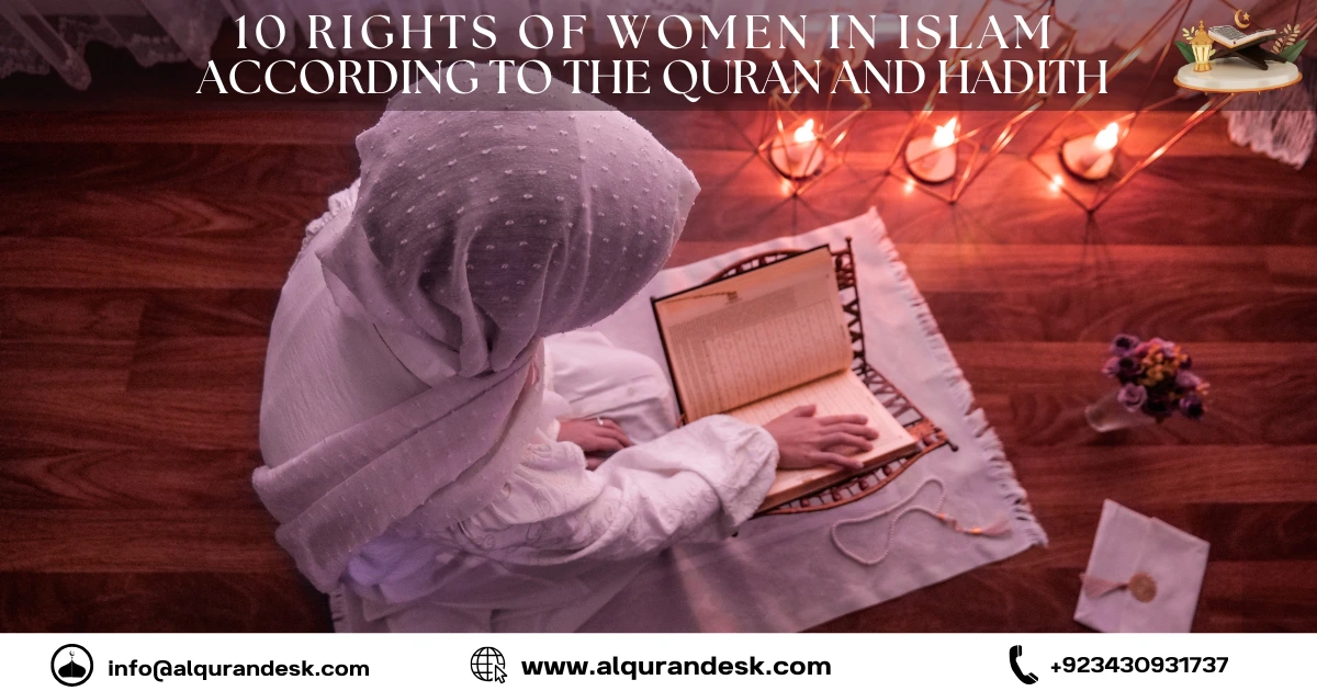 Muslim women in modest attire studying the Quran, symbolizing the 10 rights of women in Islam according to the Quran and Hadith, including respect, inheritance, education, and financial independence.