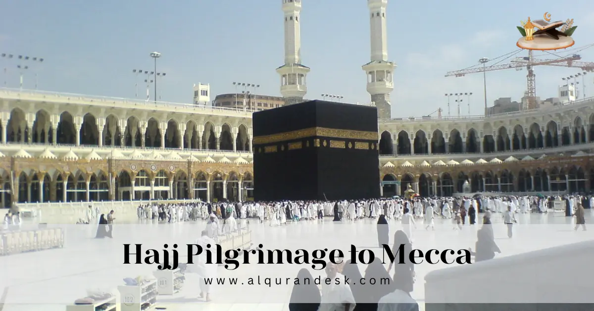 Open Quran on a prayer desk with a small Kaaba model symbolizing Hajj pilgrimage to Mecca.