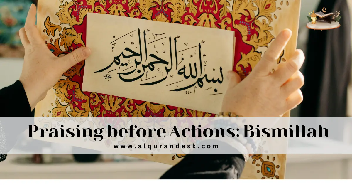 Illustration showing a Muslim beginning a daily task or meal while saying “Bismillah”, representing the Sunnah of praising Allah before starting any action.