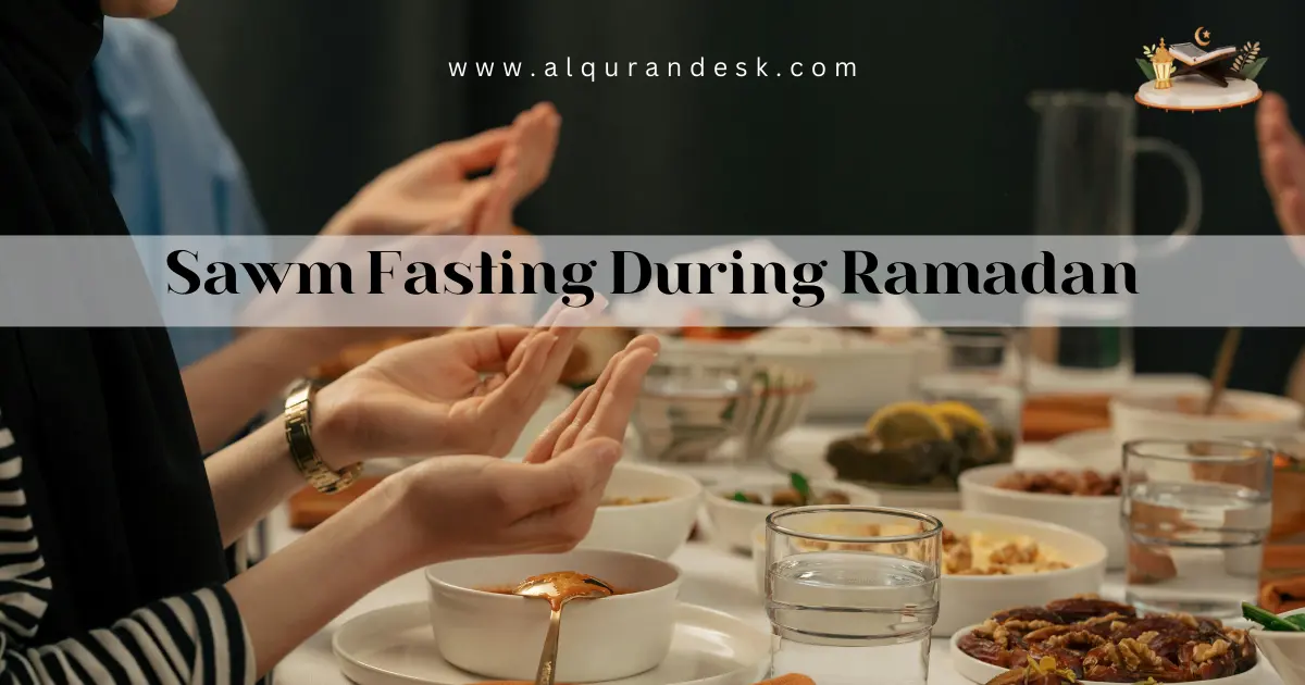 Open Quran on a prayer desk with dates and a glass of water representing fasting during Ramadan.