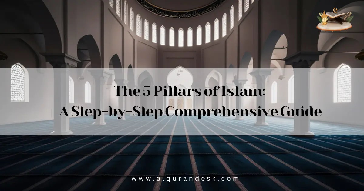 A peaceful Quran desk setup with an open Quran, prayer beads (Tasbeeh), and soft light symbolizing the declaration of faith.