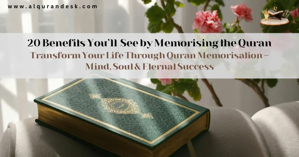 A Muslim student memorizing the Quran with focus and devotion, highlighting the spiritual, mental, and emotional benefits of Quran memorization.