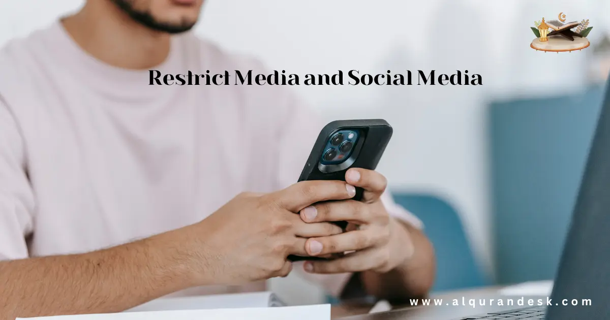 A Muslim limiting smartphone and social media use while focusing on Quran reading and peaceful Islamic lifestyle habits for better mental health.