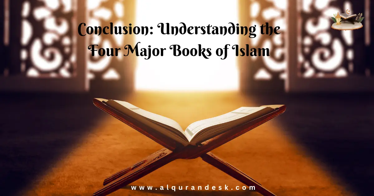 An educational illustration representing the four revealed books in Islam: the Tawrat, Zabur, Injil, and the Holy Quran, revealed by Allah to different prophets.